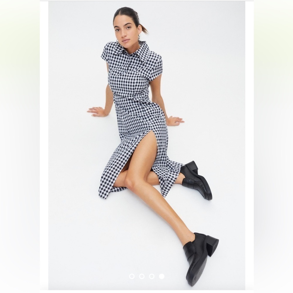 Ghospell Dress Light Squares Midi Dress gingham dress blouse slit sz lg NWT